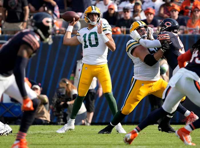 Green Bay Packers quarterback Jordan Love (10) during second quarter of their game against the Chicago Bears on Sunday, Sept. 10, 2023 at Soldier Field in Chicago.